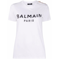 Balmain Women's 'Button-Embellished Logo' T-Shirt